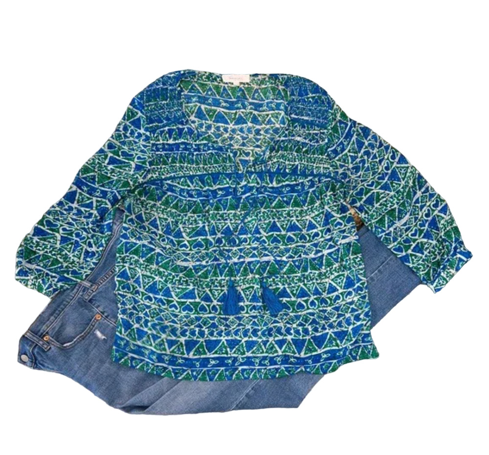 Vince Camuto Turquoise & Green Sheer Batik Tassel Boho Peasant Top - M